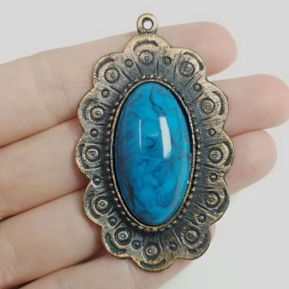 Vintage Big Blue Cabochon Pendant, Oval Shape, Retro Statement, Estate - Picture 1 of 6